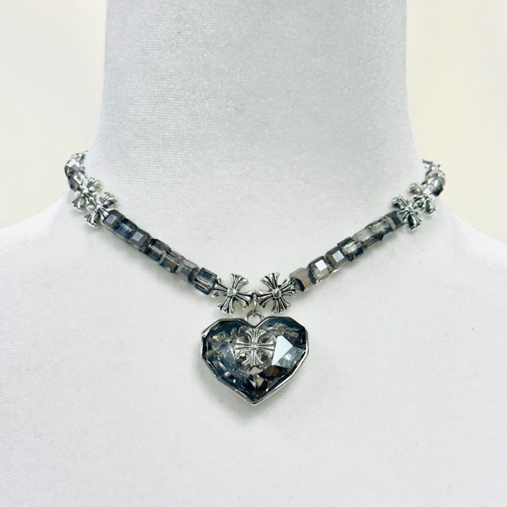 Y2K 2000s style Silver heart necklace with cross charms